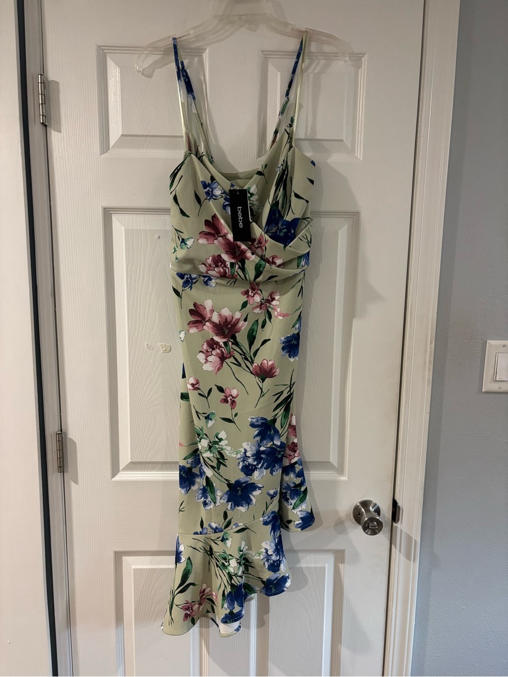 bebe Sage Green Floral Slip Midi Dress with Pink & Blue Blooms